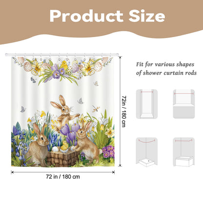 BREASOME Spring Easter Bunny Shower Curtain 180 x 180 cm Cute Rabbit Chicken Egg Floral Shower Curtain for Bathroom Decor Mould Proof Waterproof