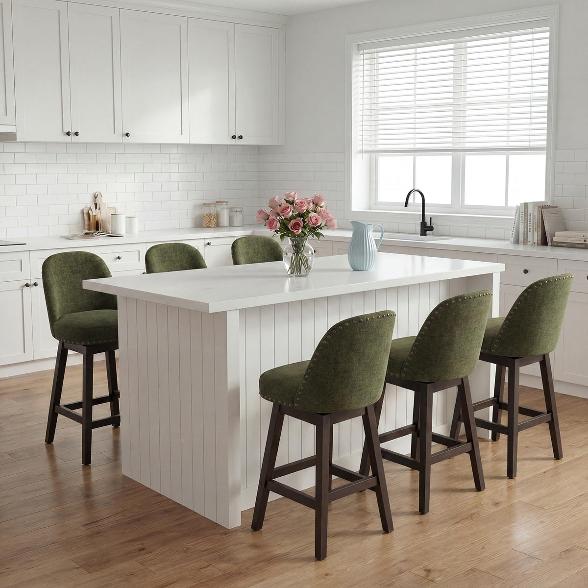 Bar Stools Set of 6, 360° Swivel Counter Stools with Upholstered Seat, Wooden Frame & Nailhead Trim
