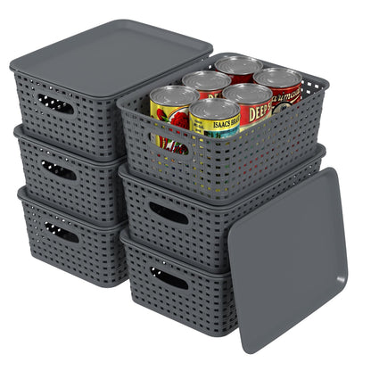 Ysmiltion Plastic Storage Baskets Bins with Lid and Handle, 6 Pack, Gray