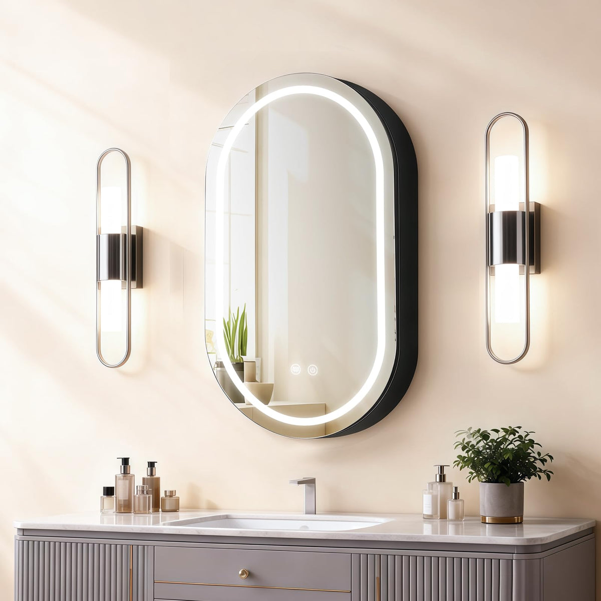 Janboe Oval Medicine Cabinet with Light,LED Mirror Cabinet,USB Shaver Socket,Internal Light,Steel with Powder Coating,Soft Closing Hinge,41×71cm