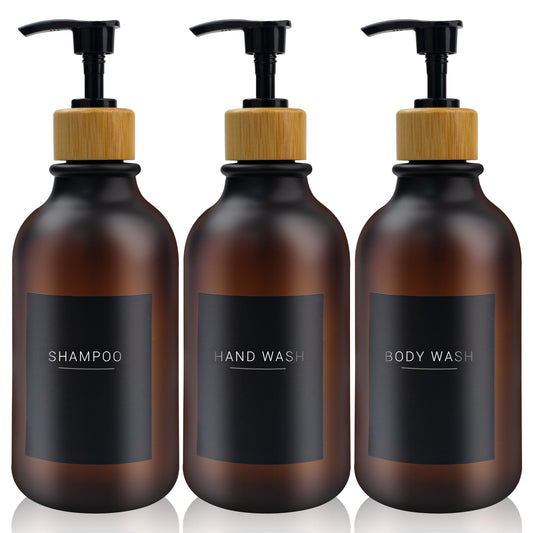 3 pcs 500ml Soap Dispenser with Black Label Lotion Dispenser Made of PET Plastic Empty Bottle Suitable for Bathrooms (Amber)