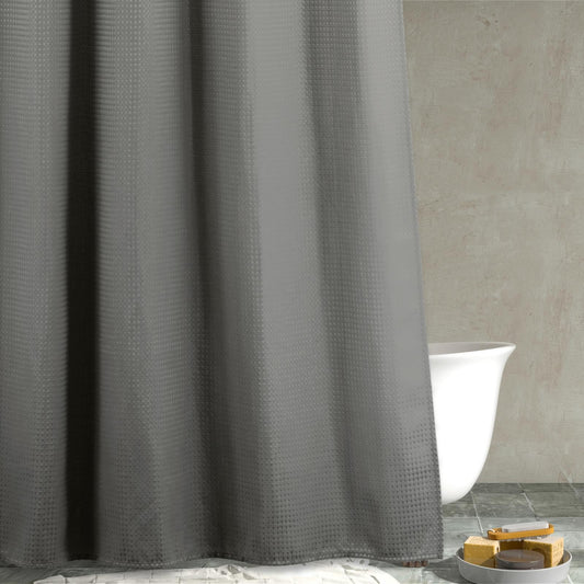 Popkozzi Grey Waffle Weave Shower Curtain: Gray Heavy Duty Textured Fabric Shower Curtains for Bathroom - Water Repellent Washable Thick Polyester