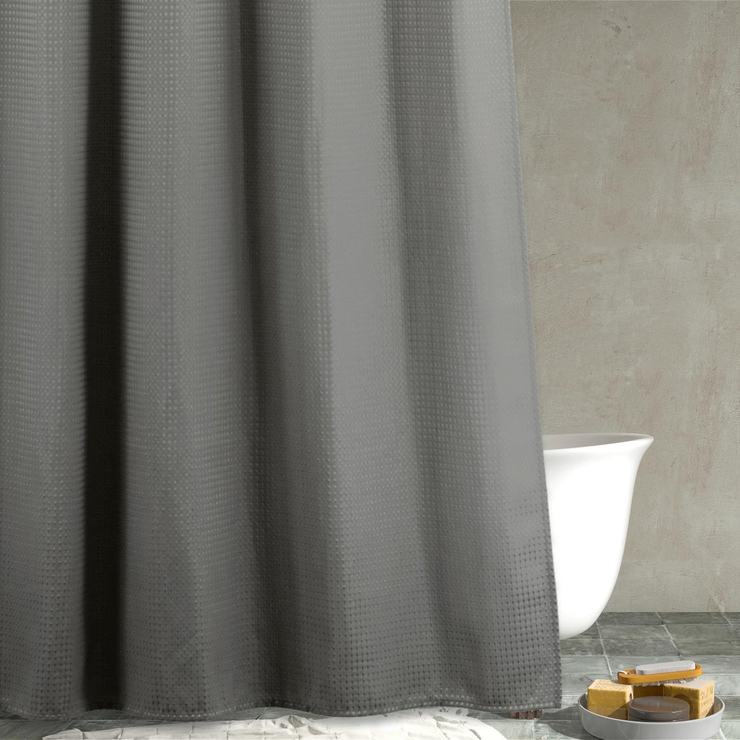 Popkozzi Grey Extra Long Shower Curtain: Gray 84 Inch Long Waffle Weave Heavy Duty Fabric Shower Curtains for Bathroom - Water Repellent Washable