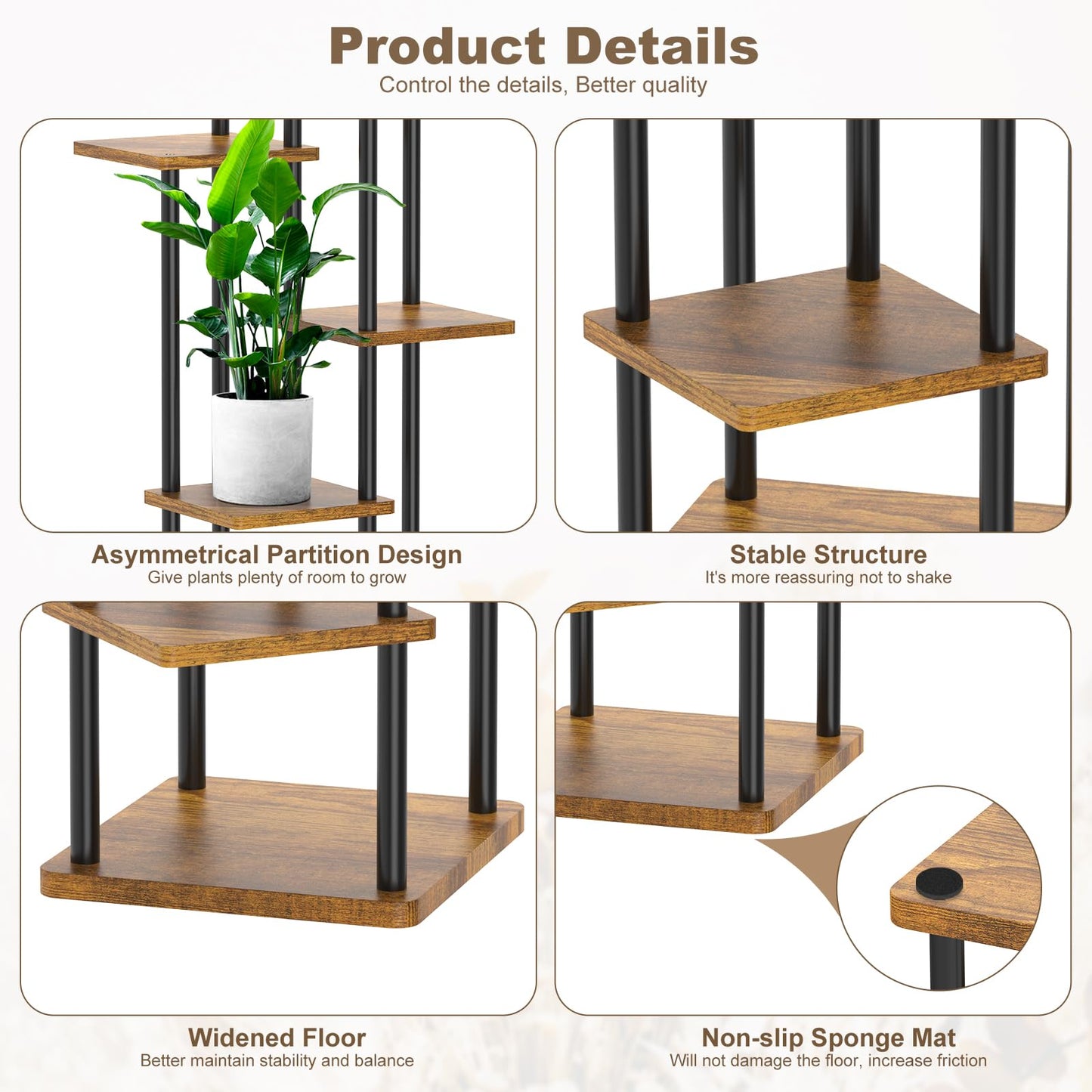 YOCOMEY 6 Tier Wood Tall Plant Stand Metal Rack Indoor, Multiple Flower Pot Holder Shelves Corner Rack, Planter Shelf Display Rack Storage Organizer