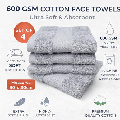 Sue Rossi Face Cloths Pack of 4, Turkish Combed Cotton, 30cm x 30cm, Soft, Absorbent & Quick Dry Wash Cloth Flannels Set Of Bathroom Towels