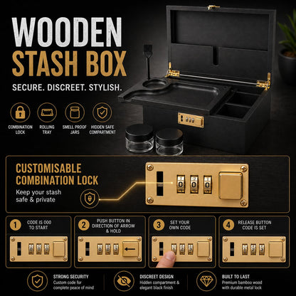UkGlass Large Bamboo Wooden Stash Box with combination Lock, Rolling Tray and Glass Storage Jars