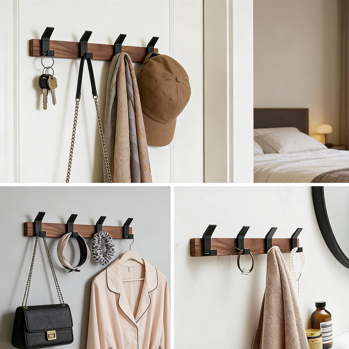 Trlyane Wooden Wall-Mounted Coat Rack - 4 Black Heavy-Duty Coat Hooks, 40cm
