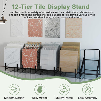 Nisorpa Ceramic Tile Rack, 12 Tiers Floor Tiles Samples Display Stand with 4 Wheels, Building Material Shelf