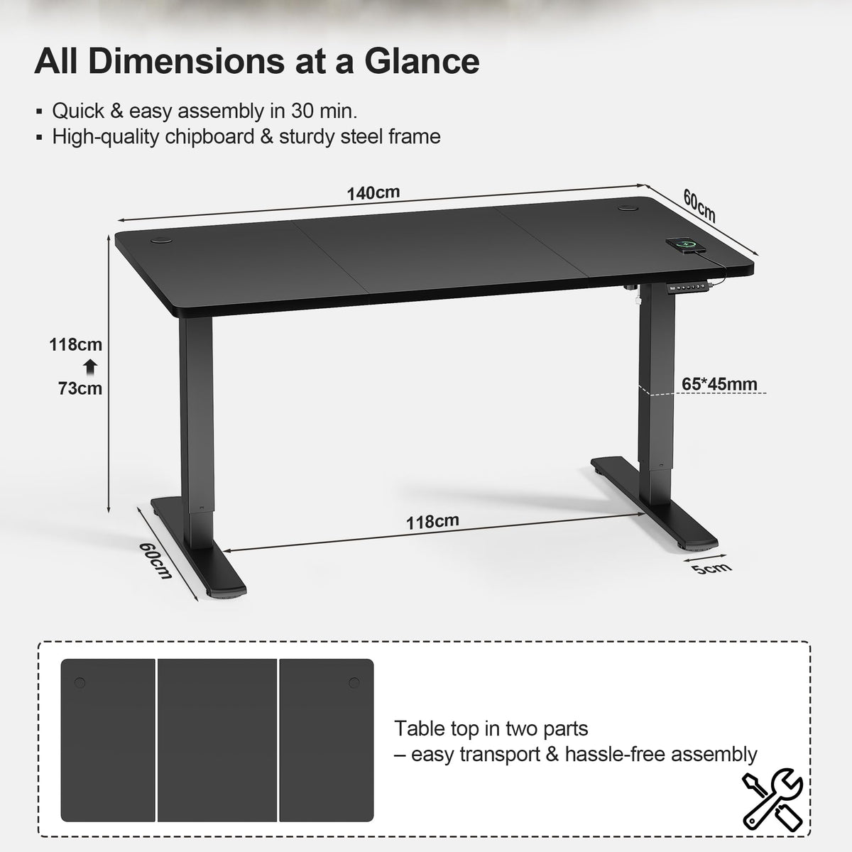 JUMMICO Electric Standing Desk 140x60cm – Height Adjustable with USB Charging, Sedentary Reminder, Memory Heights for Home Office Use, Black