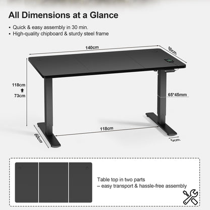 JUMMICO Electric Standing Desk 140x60cm – Height Adjustable with USB Charging, Sedentary Reminder, Memory Heights for Home Office Use, Black