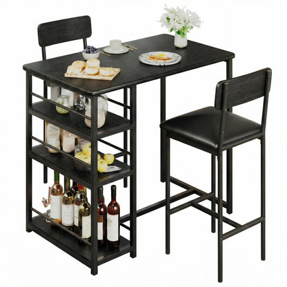Crevyteg Compact 3-Piece Breakfast Bar Set for Small Spaces - Includes Storage Shelf Table & 2 High-Back PU Leather Stools