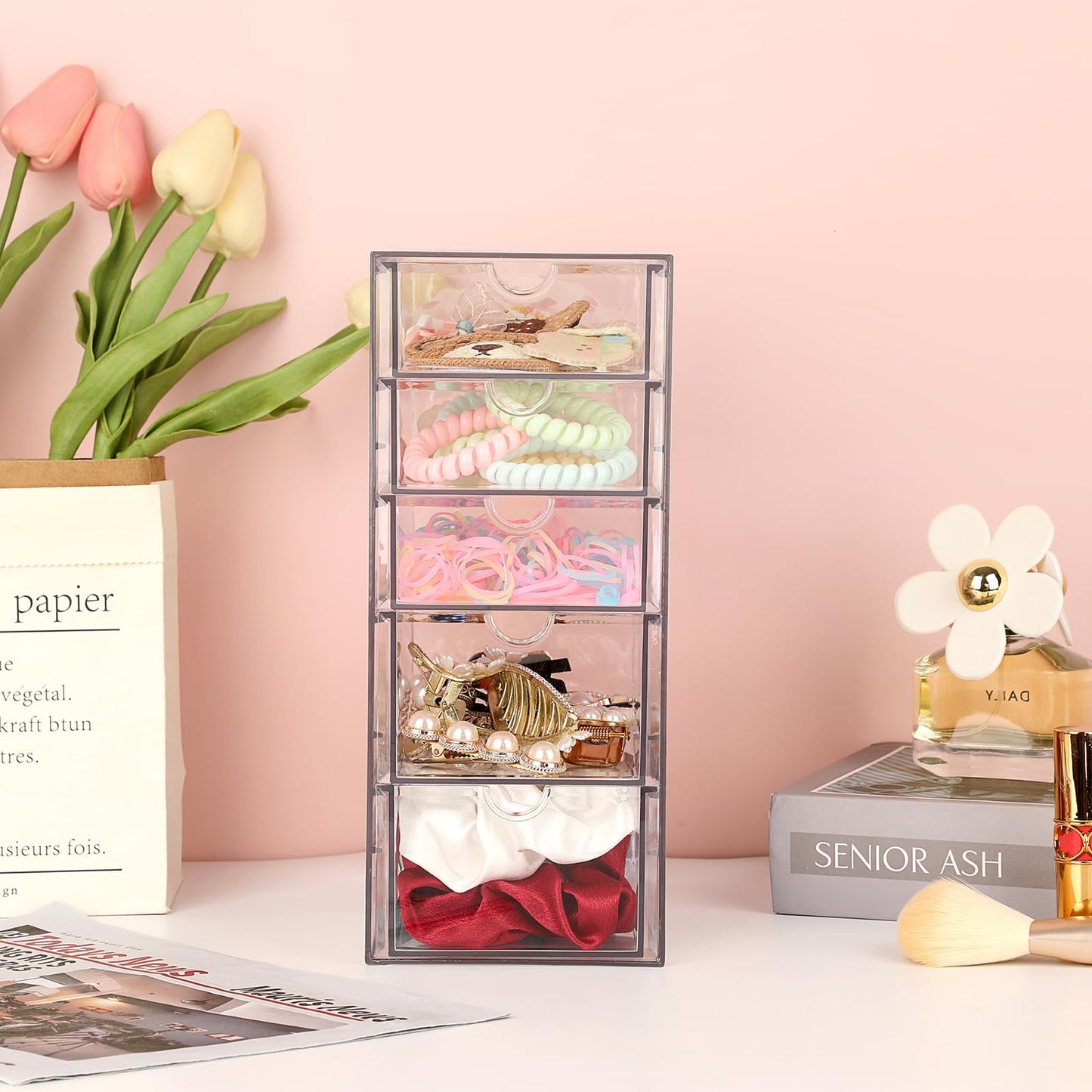 SUMTree Clear Hair Accessory Organizer Box with 5 Drawers, 25×17×10cm