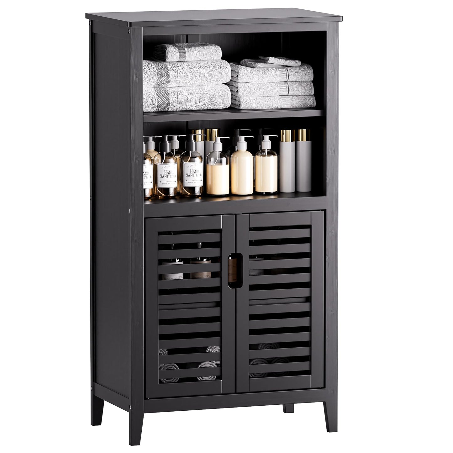 HITNET Bathroom Cabinet, Bamboo Side Storage Organizer with 2 Doors and Removable Shelves, Freestanding Floor Cabinet for Living Room Kitchen Bedroom,