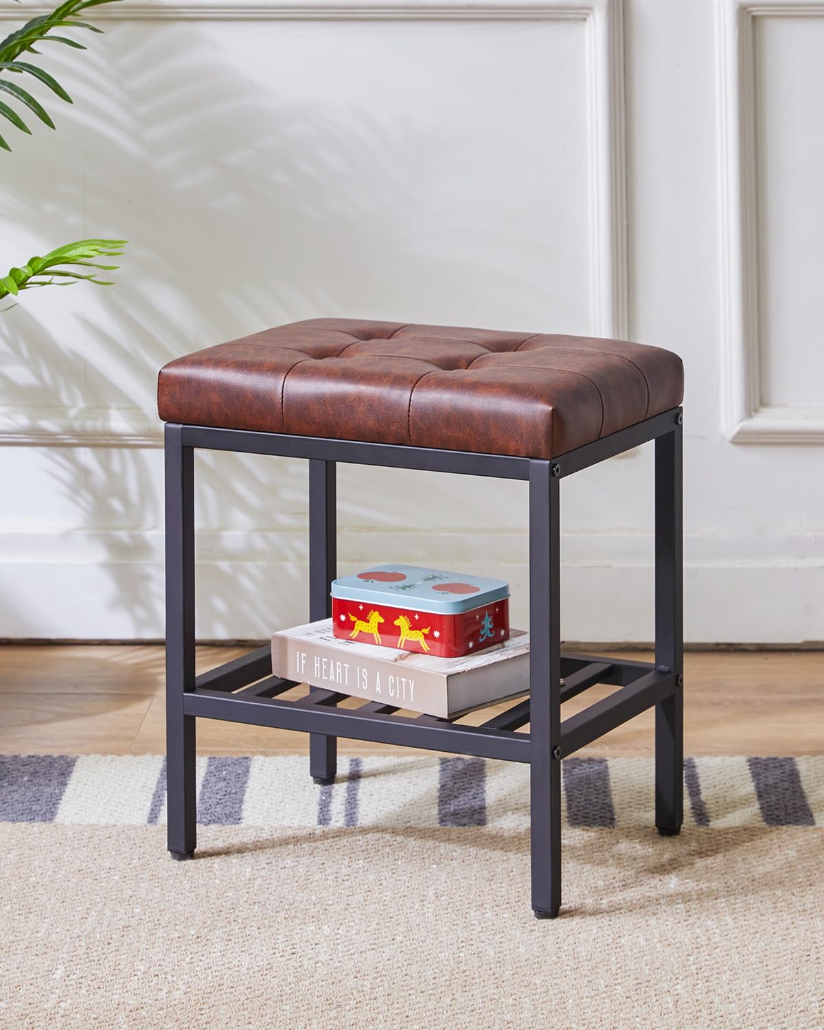 IBUYKE Rectangular Makeup Stool, PU Seat Vanity Chair, Dark Brown WBD017Z