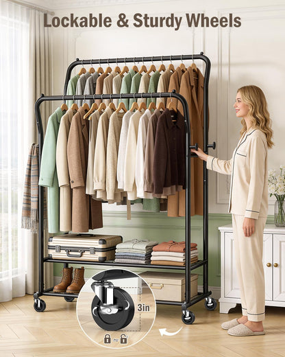 EAGMAK Heavy Duty Clothes Rail Load 378 kg, Double Rods Clothing Rails on Wheels, Height Adjustable Hanging Rack with Shelves & Coat Hooks