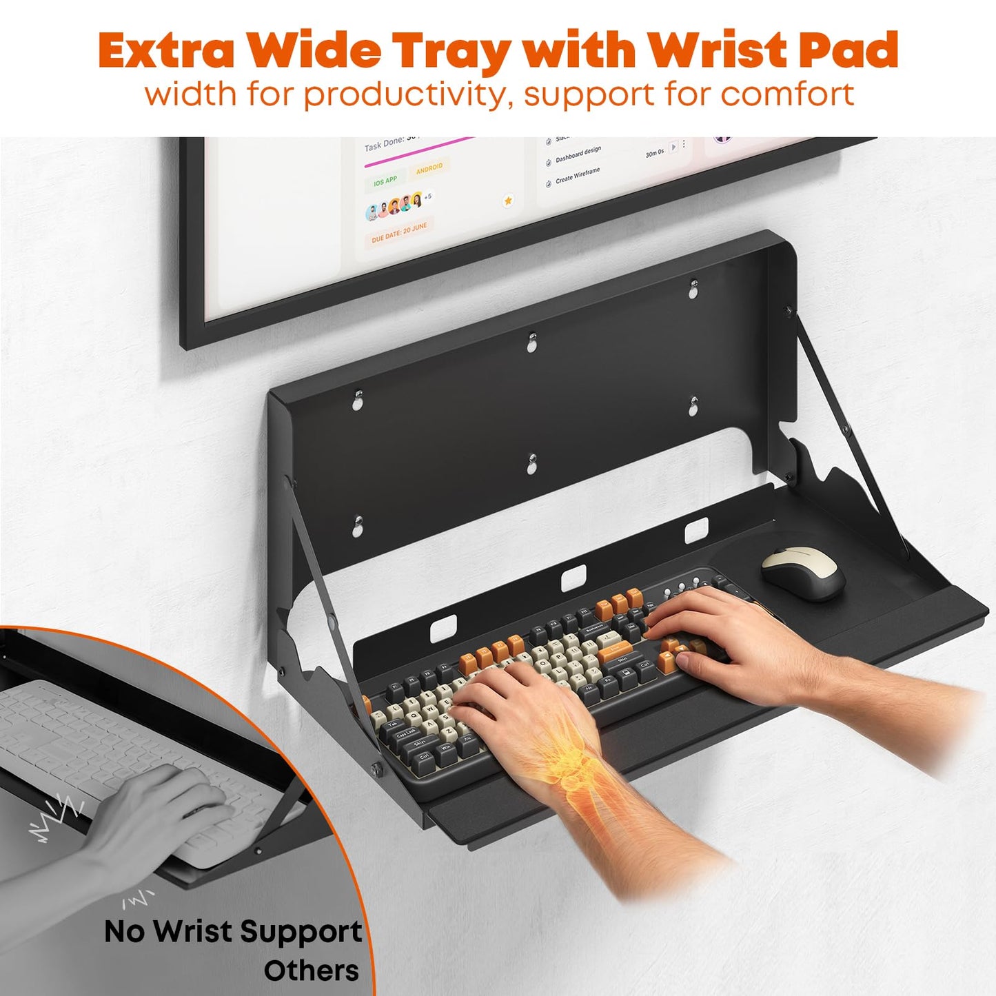 Flip-Down Keyboard Wall Tray, 24-Inch Wall-Mounted Platform with Mouse Pad & Wrist Rest, Space-Saving Design, Holds up to 22 lbs, Black