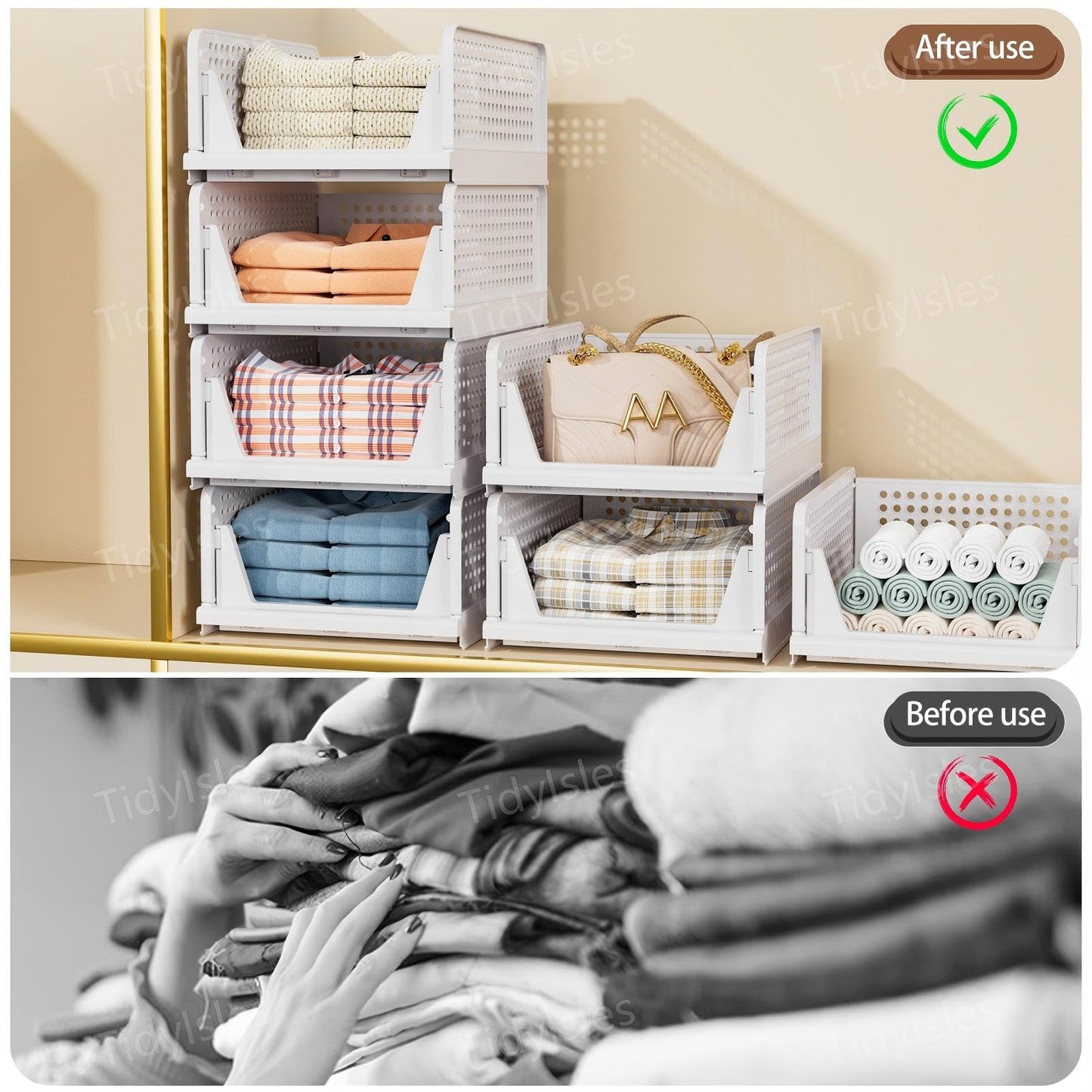 TidyIsles Wardrobe Storage Organiser, 4 Pack Folding Closet Organisers, Stackable Storage Boxes