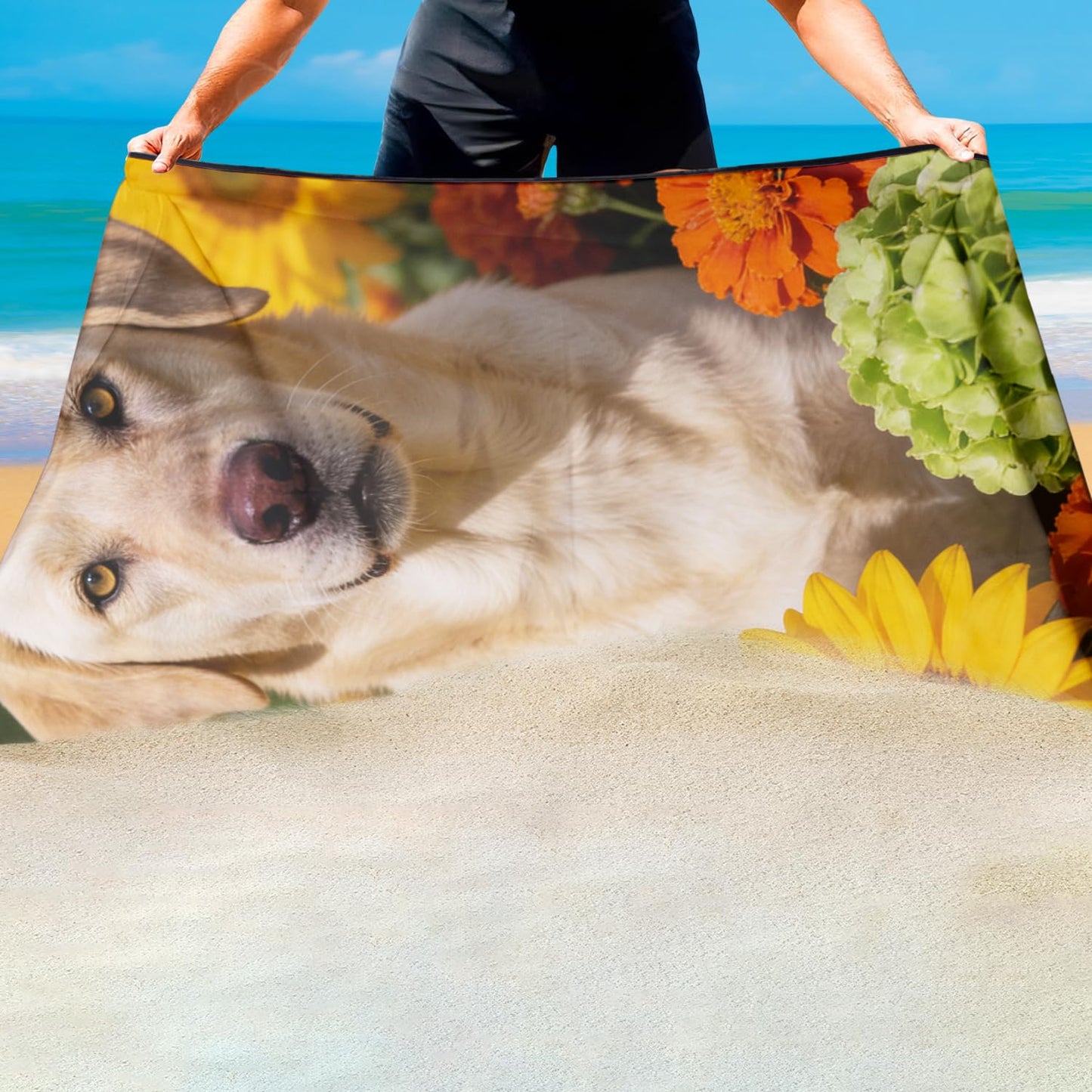 Violetpos Labrador in Sunflowers Beach Towel, Extra Large 180x90 cm 250GSM Microfibre, Sand Free Quick Dry