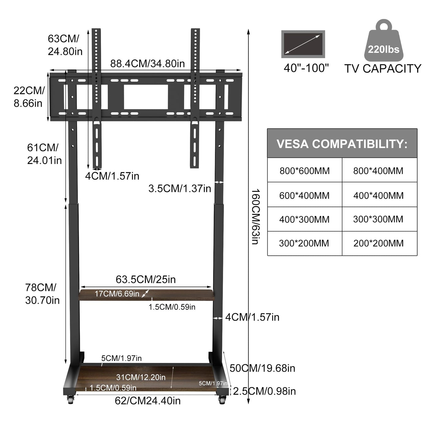 unho Mobile TV Stand Rolling Trolley with Wheels for 40-86 Inch TVs