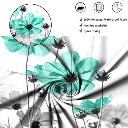 ASDCXZ Turquoise Floral Shower Curtain 180x200 cm, Watercolor Turquoise Gray Daisy Flowers Rustic Farmhouse Waterproof Bath Curtain Polyester Textile