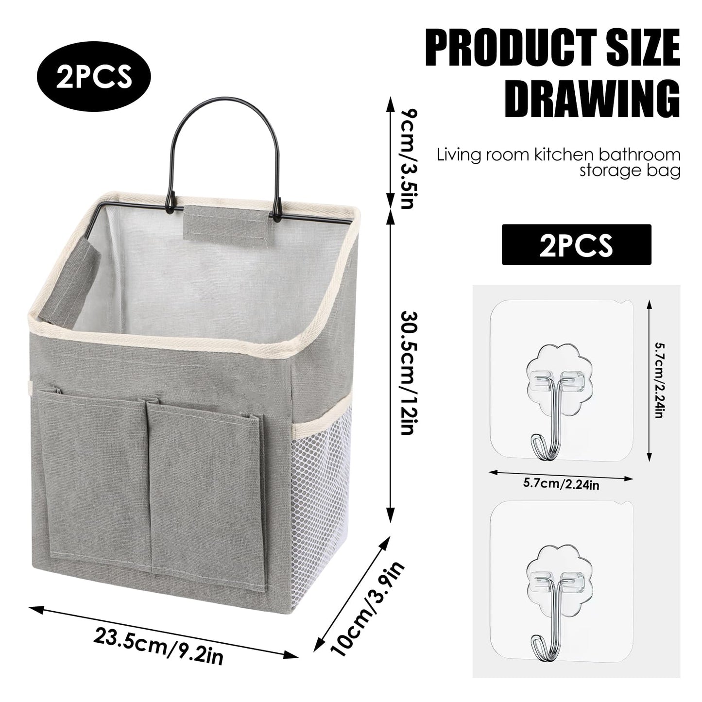 Pack of 2 Hanging Organisers, Hanging Storage Organisers, Waterproof Wall Hanging Bags, Foldable Linen Fabric Basket with Pockets