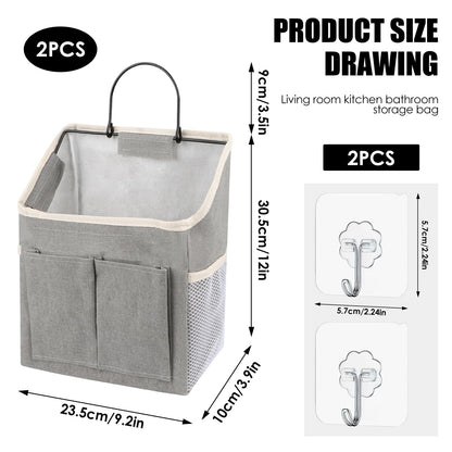Pack of 2 Hanging Organisers, Hanging Storage Organisers, Waterproof Wall Hanging Bags, Foldable Linen Fabric Basket with Pockets