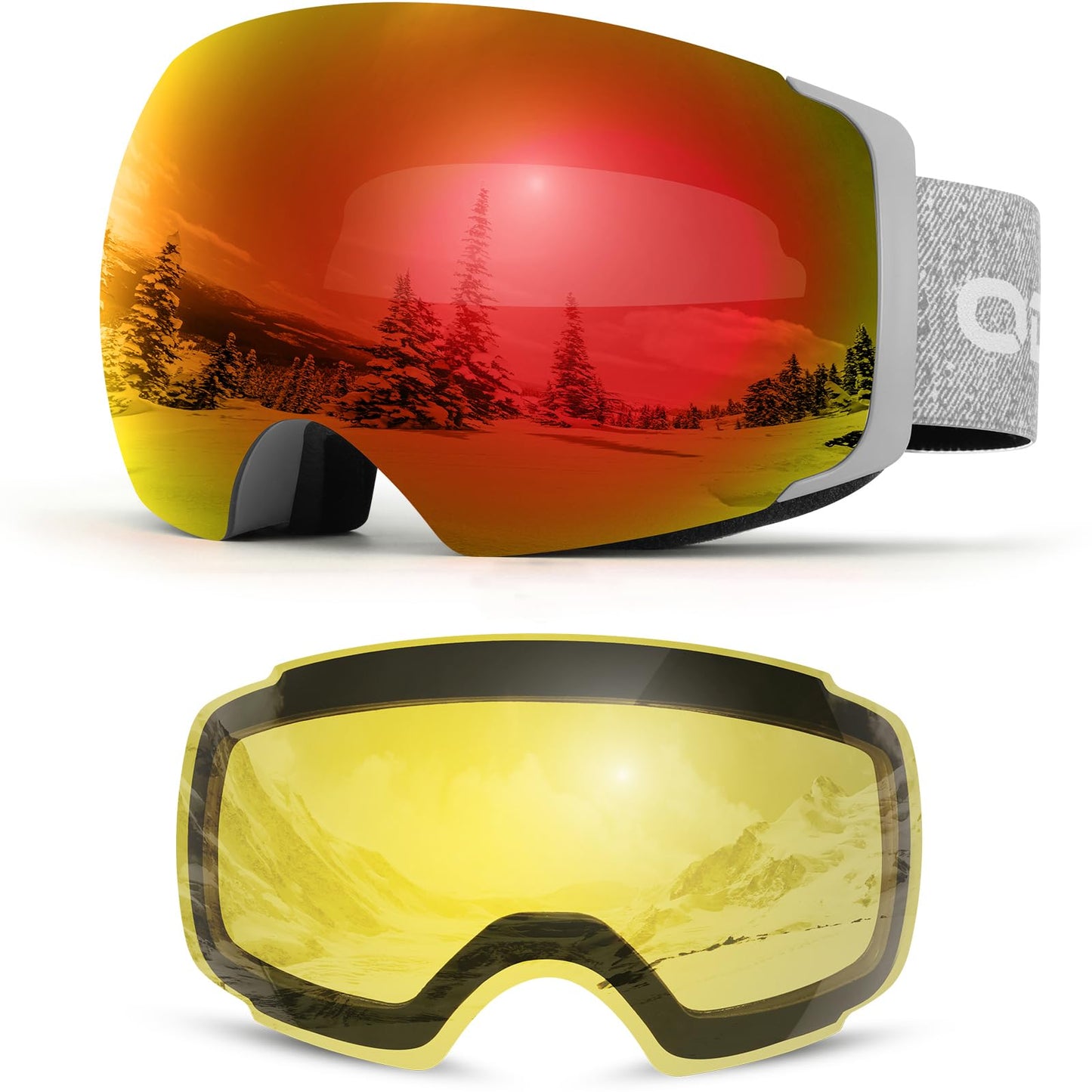 Odoland OTG Ski Goggles Set with Detachable Lens, Frameless Interchangeable Magnetic Lens for Skiing Skating Snowboard, Anti-Fog and UV400 Protection