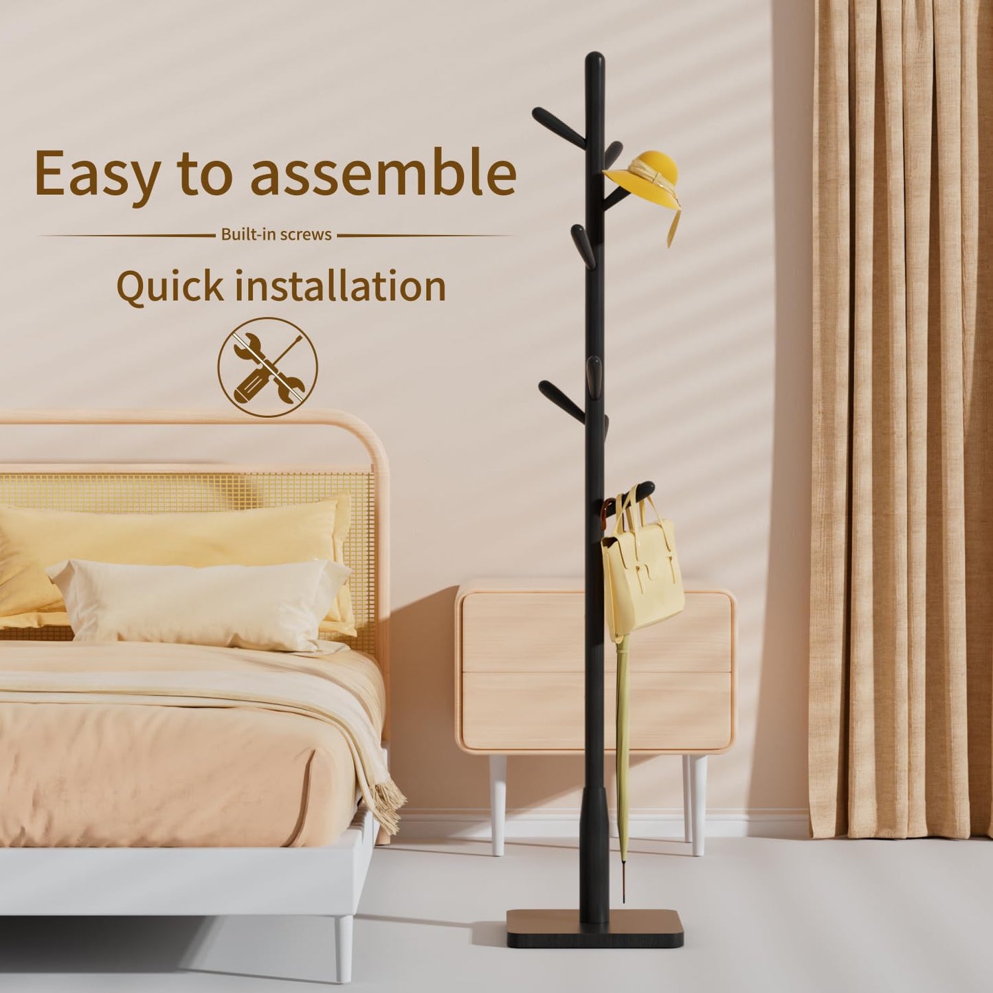 Awatiwa Solid Wood Square Base Coat Rack, Free Standing Hall Coat Tree with 8 Hooks（+2 spare for Coats, Hats, Bags, Purses, for Entryway, Hallway