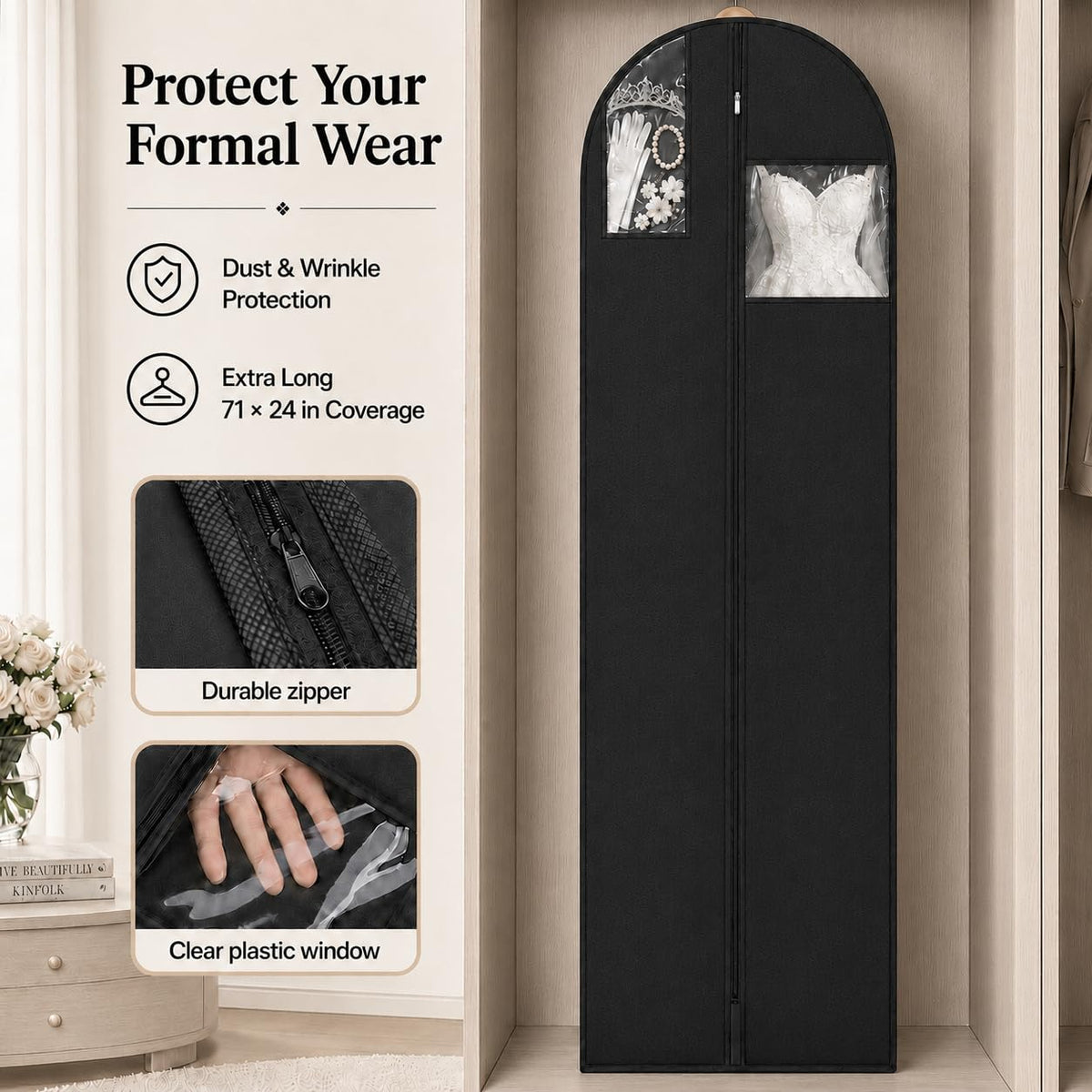 Sytinnice 2Pcs Long Dress Garment Bags, 60×180cm Folding Full Length Garment Cover Bag with Zipper, Pocket & Handle