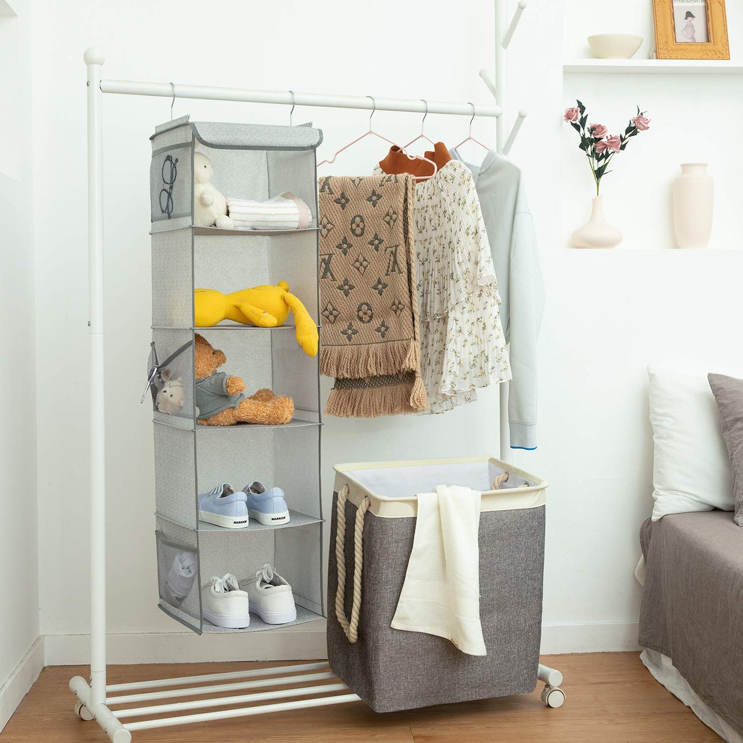 BrilliantJo Hanging Wardrobe Closet Storage with 5 Shelves Organiser, Storage Shelves Unit with 6 Pockets for Clothes - Light Grey(30 x 30 x 108cm)