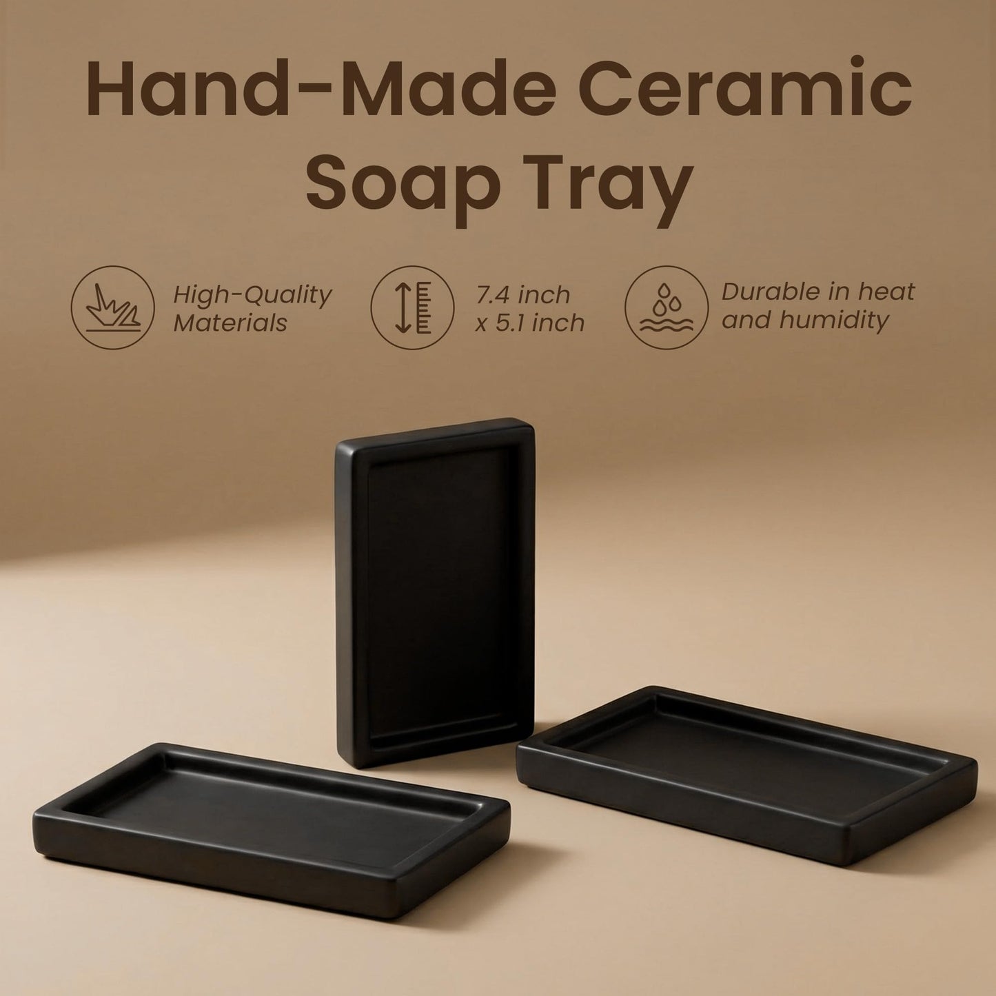 MaisoNovo Black Bathroom Tray Countertop - 7.4x5.1 inch Handcrafted Ceramic Kitchen Tray for Soap Bottles, Perfume, Jewelry - Moisture Resistant