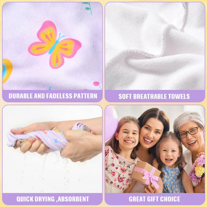 WAWSAM 2 Pack Kids Hair Towel Wrap for Girls, Microfibre Hair Turban Towel Fast Drying, Butterfly Hair Towel Wrap with Elastic Strap for Long Hair