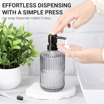 Segus Soap Dispenser Kitchen, 2 Pieces 450ml Glass Soap Dispenser Bottle with Pump, Refillable and Reusable, Empty Shampoo Bottles, Grey