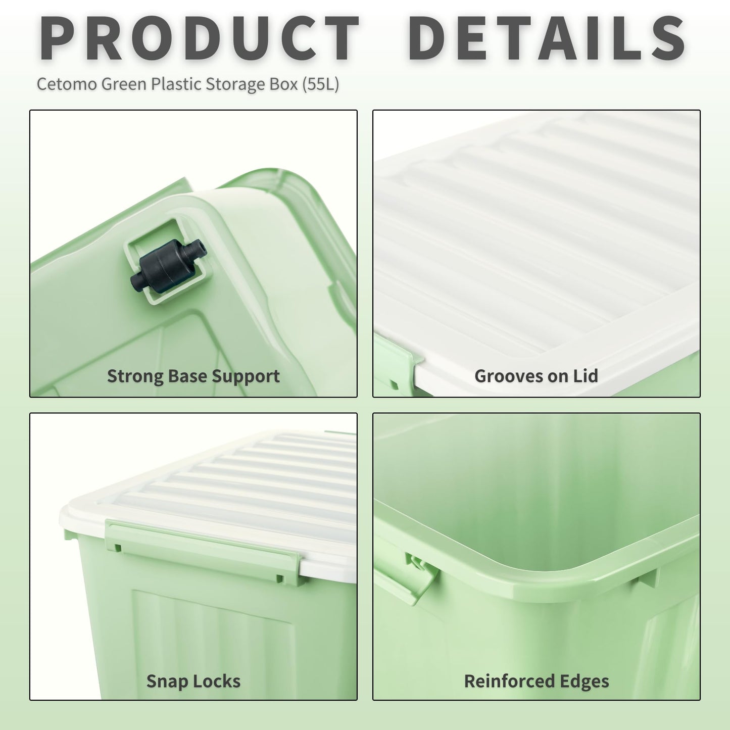 Cetomo 55L*4 Storage Boxes with Lids, Plastic Storage Box with Wheels and Secure Side Latches, Stackable & Nestable Organizer for Home, Office
