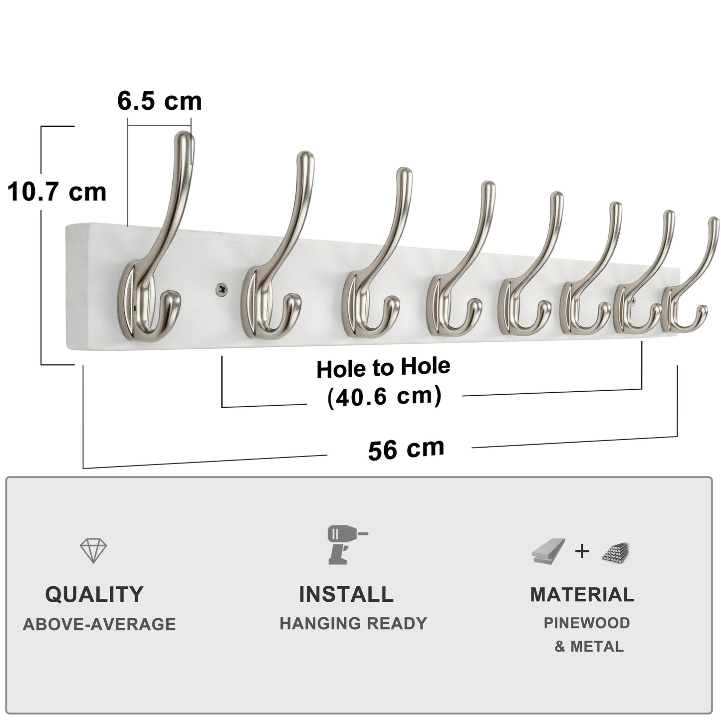 HONSKY Wall Coat Rack - 8 Double Hooks (56cm) | Wooden & Metal Towel/Coat Hanger for Entryway, Bathroom, Bedroom, Garage | Easy Install