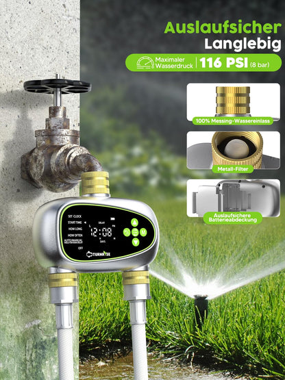 TURNRISE Water Timer 2 Outlets, Digital Sprinkler Timer for Irrigation with Brass Inlet and Outlet, Rain Delay/Manual Watering/Automatic WateringTimer