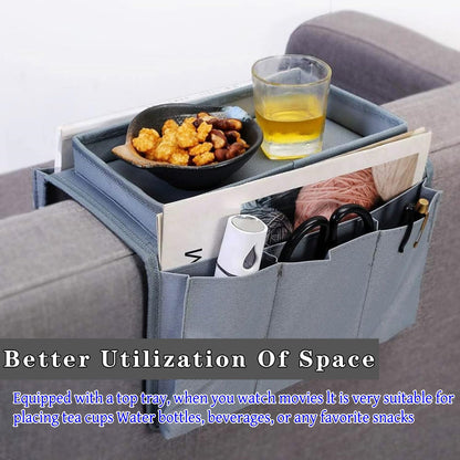 Sofa Armrest Organizer Candy Organizer with Tray & 5 Pockets, Foldable Couch Arm Rest Storage Bag Sofa Armchair Hanging Storage with Cup Holder for