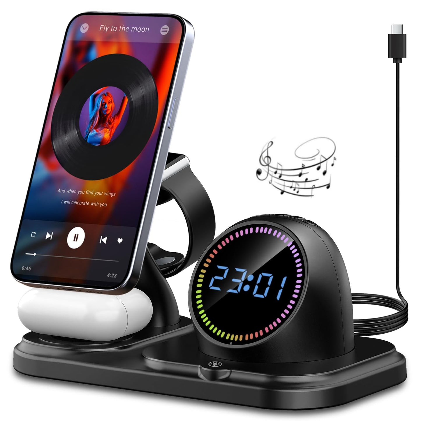 6 in 1 Wireless Charging Station,Fast iphone Charger Stand with Bluetooth,Clock,RGB LED,Wireless Charger for Multiple Devices iphone 17 16 15 14 13