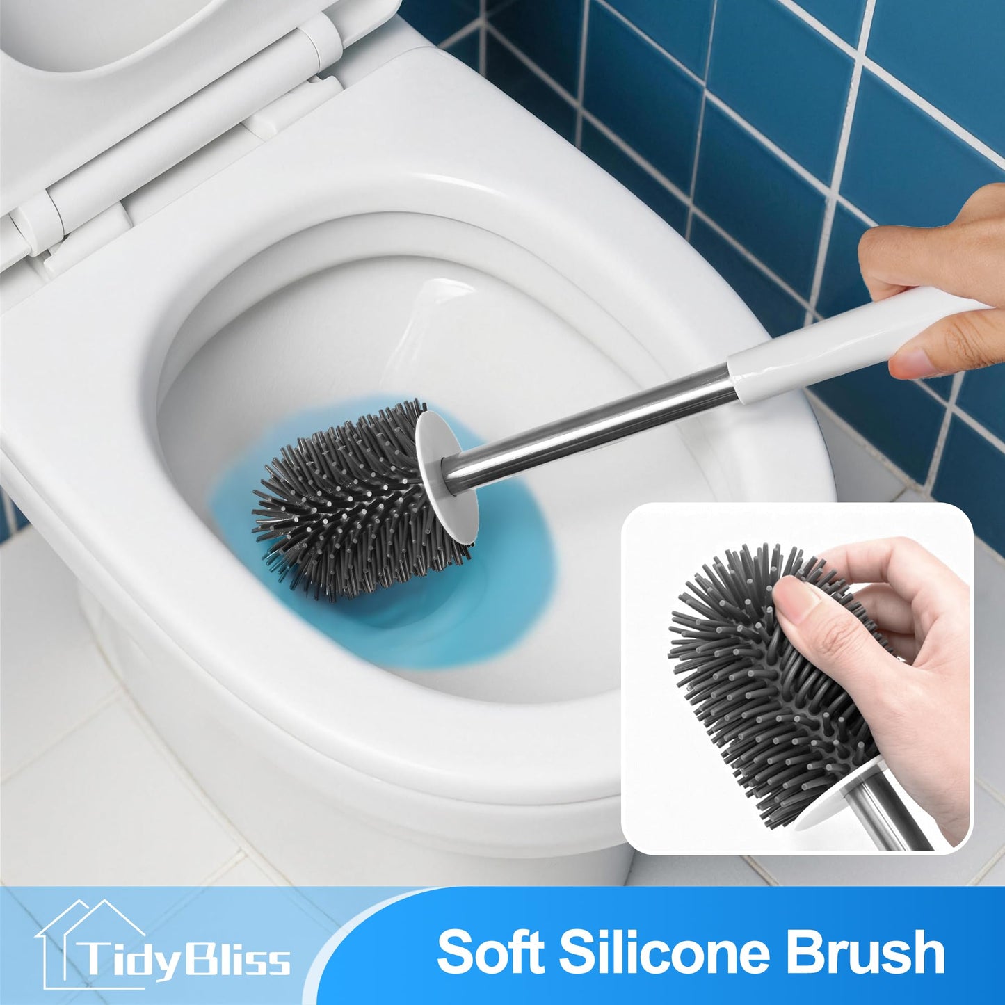 TidyBliss Silicone Toilet Brush and Holder Set, Wall-Mounted Compact Rubber Bathroom Bowl Cleaning Kit with Tweezers for RV Camper Bathtub Sink Wash