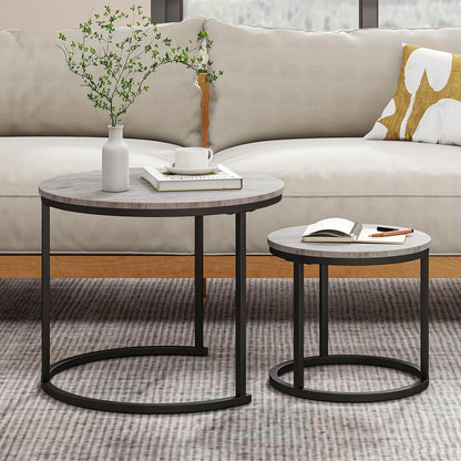 HOJINLINERO Small Round Nesting Coffee Table Set of 2 with Metal Frame and Wood Top, Modern Stacking Side Table for Living Room, Bedroom, Office