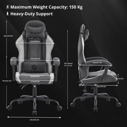 WUPY Ergonomic Gaming Chair, 135° Recline Fabric Office Chair, Black Grey