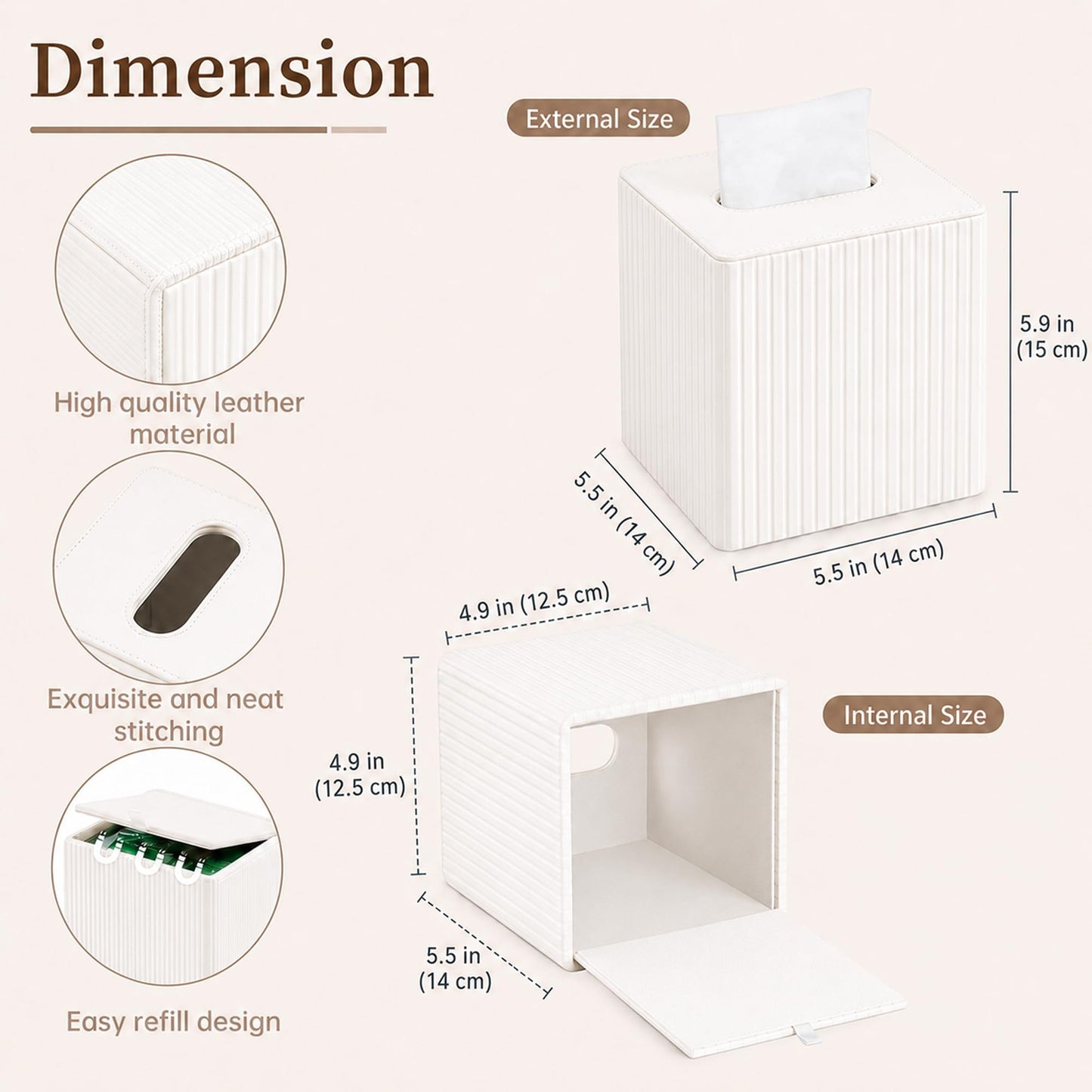 Tissue Box Cover & Square Tissue Holder –15x15x15cm PU Leather Cube