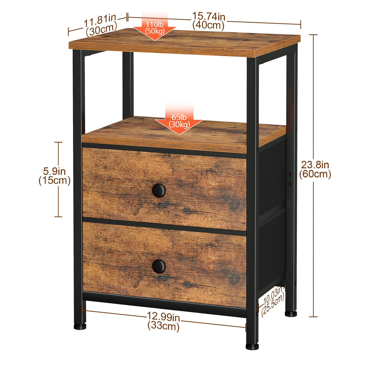 LOAKEKEL Bedside Table, Side Tables Set of 2 with 2 Fabric Drawers