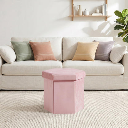 PINPLUS Hexagonal Storage Ottoman, Velvet Foldable Footstool, Pink