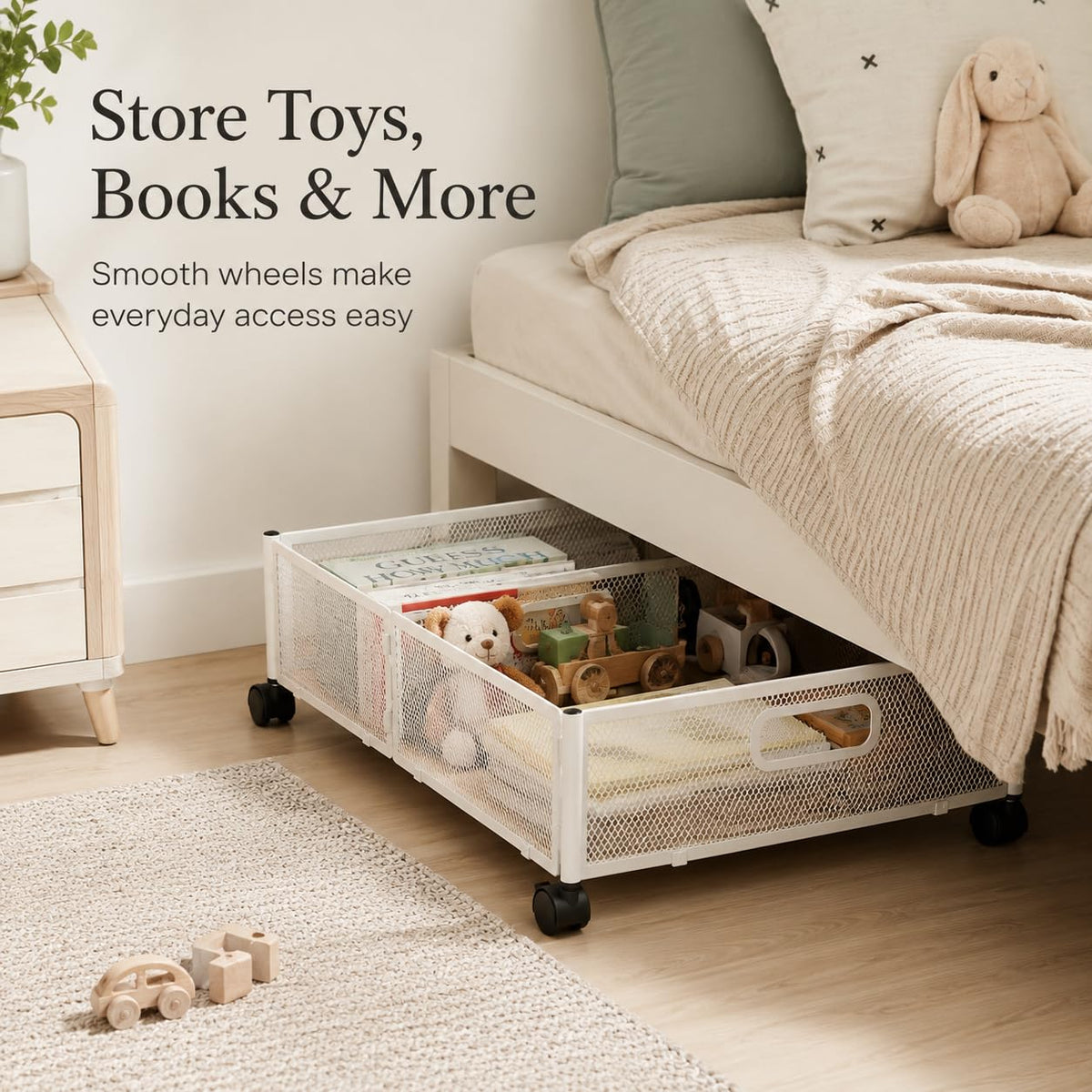 WOPPLXY Underbed Storage on Wheels - Metal Under Bed Storage Drawer with Wheels - Foldable Underbed Organiser Cart - White