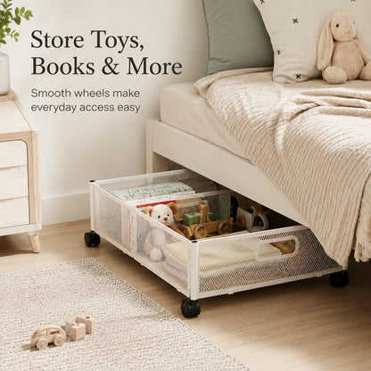 WOPPLXY Underbed Storage on Wheels - Metal Under Bed Storage Drawer with Wheels - Foldable Underbed Organiser Cart - White