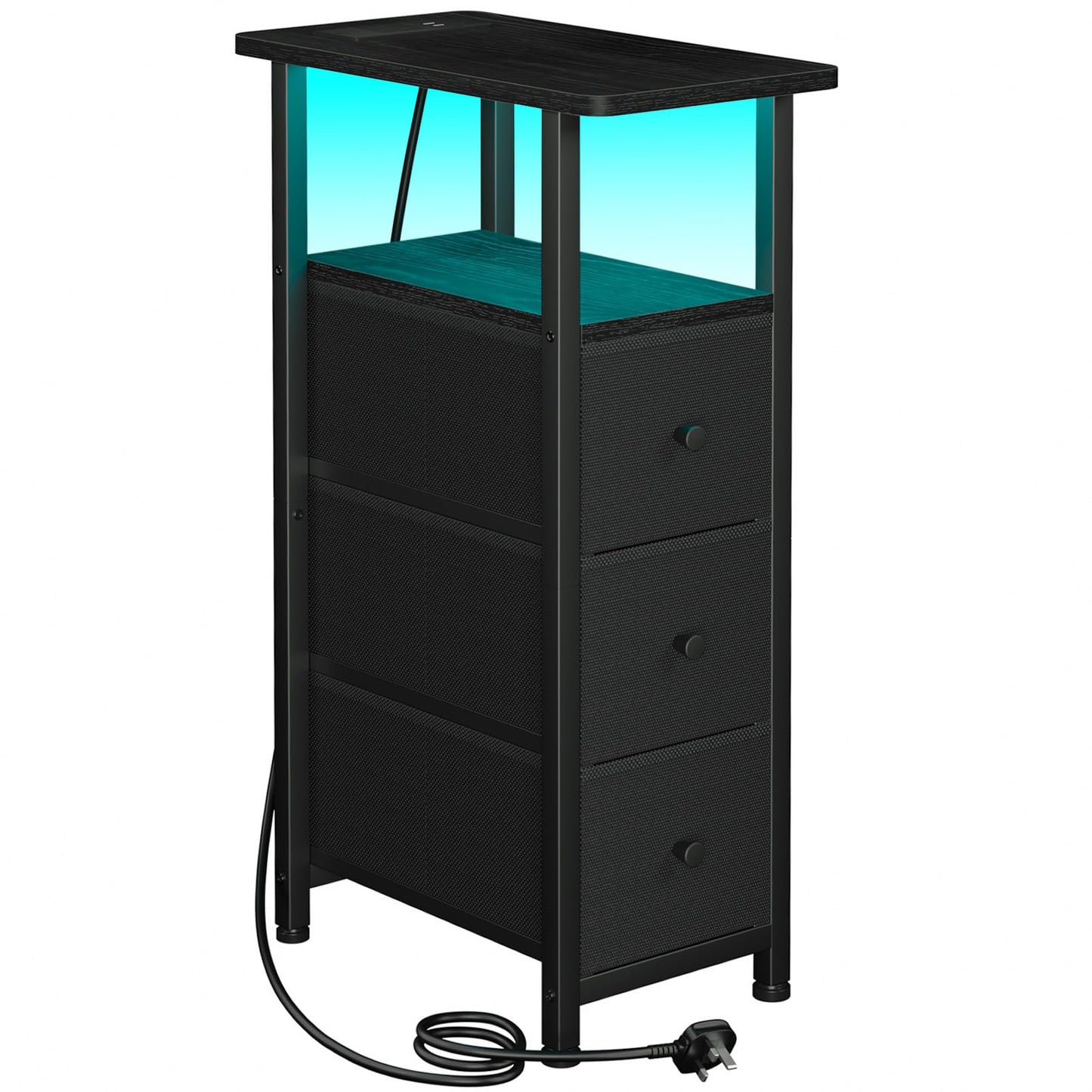 LOAKEKEL Slim Bedside Table with Charging Station, Narrow Side Table with LED Light, Small Sofa Table with 3 Fabric Drawers, End Table, Nightstand for