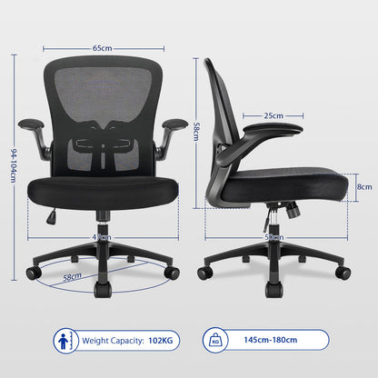 Durrafy Ergonomic Office Chair, Mesh Desk Chair with Adjustable Lumbar Support & Flip-Up Arms, Height Adjustable Swivel for Home Office