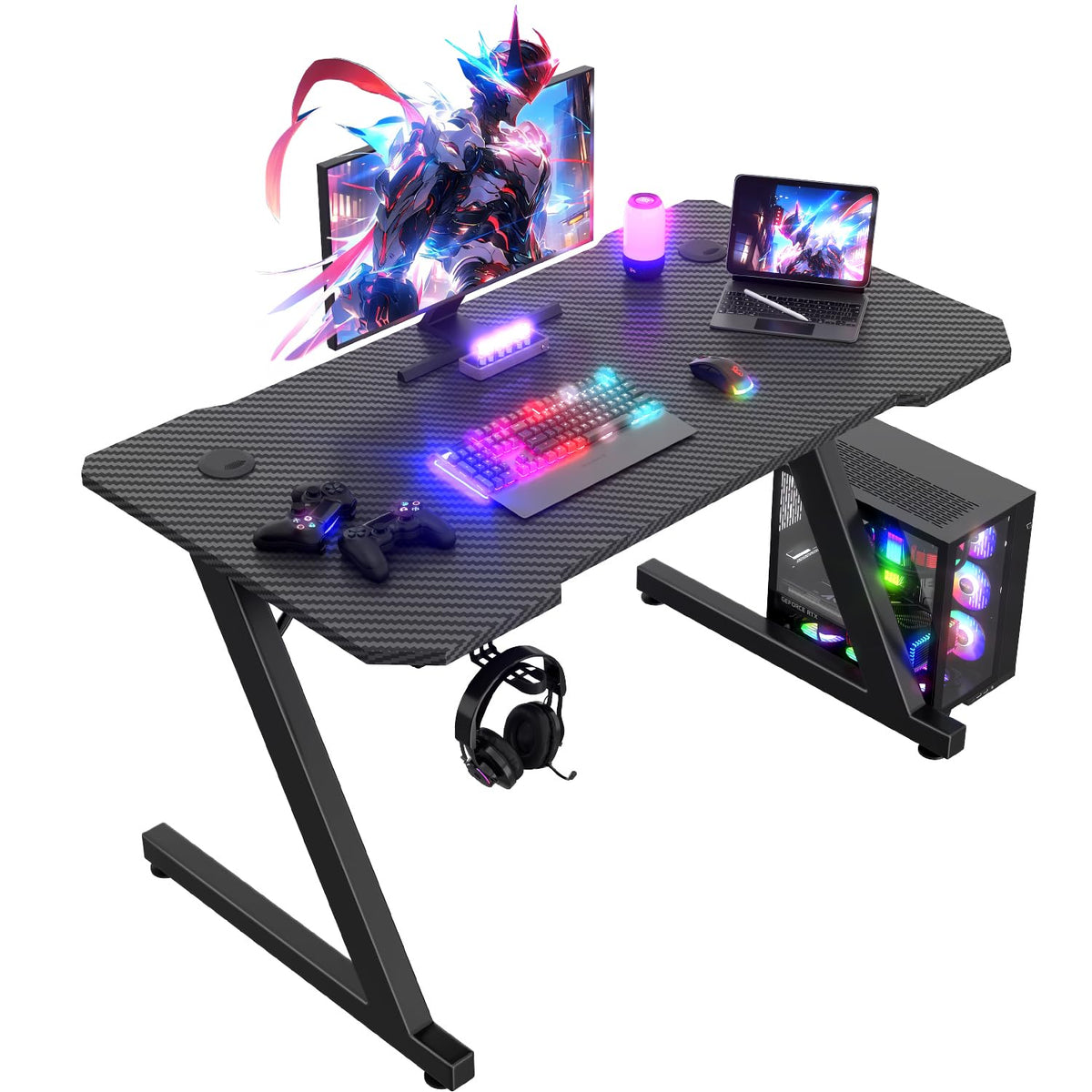 JUMMICO Gaming Desk 100 x 50 cm, Z Shaped Gaming Table Computer Desk PC Gamer Desk for Home Office, Gaming Desk with Headphone Hook, Black