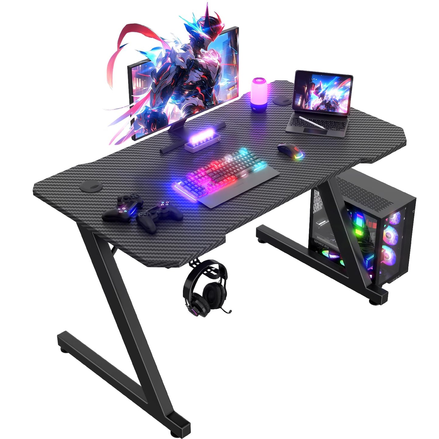 JUMMICO 100x50cm Gaming Desk, Carbon Fiber Surface, Headset Holder & 2 Cable Management Holes, Black Metal Frame Computer Table